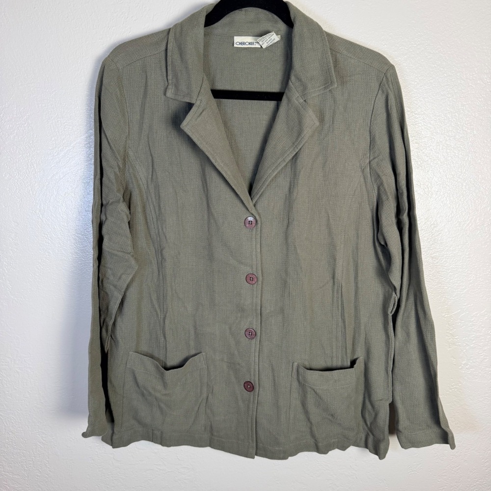 Vtg Cherokee Womens L Olive Green 100% Cotton Jacket Minimalist Cottage Granola